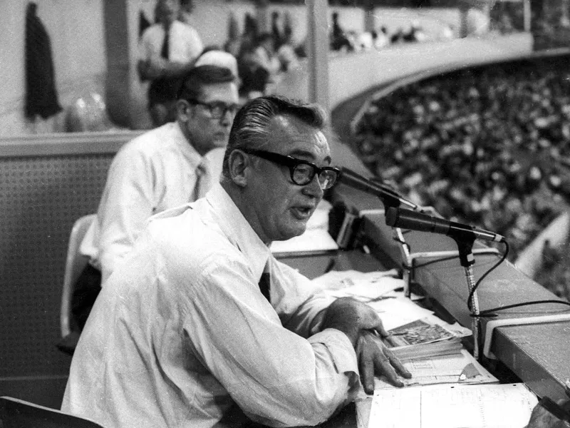 Harry Caray announcing final Cardinal game of season