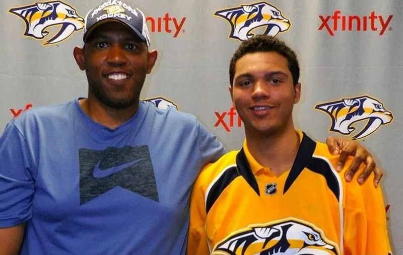 Seth Jones of Nashville Predators poses with father Popeye Jones