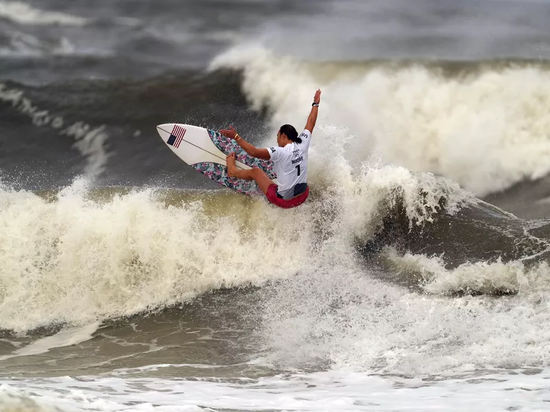 Carissa Moore competes during the gold medal heat in the women's surfing competition at 2020 Summer Olympic Games