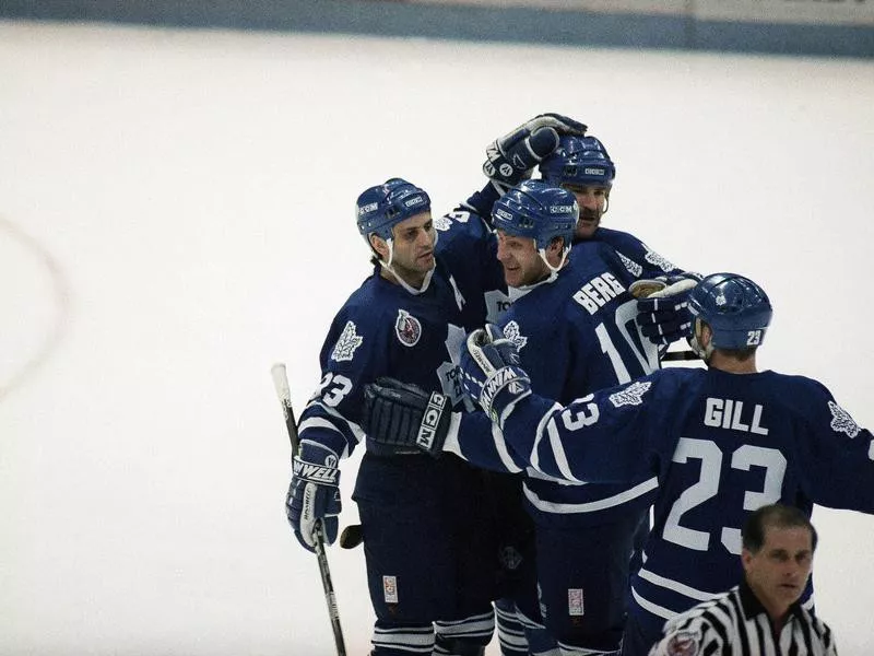 Toronto Maple Leafs players celebrate goal