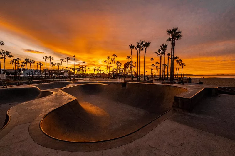 Venice Beach skate park at golden hour