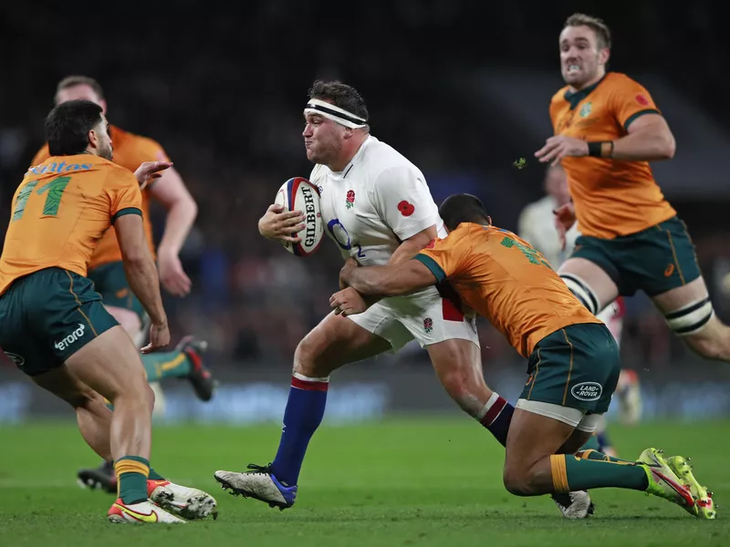 England's Jamie George runs with ball during the rugby union international