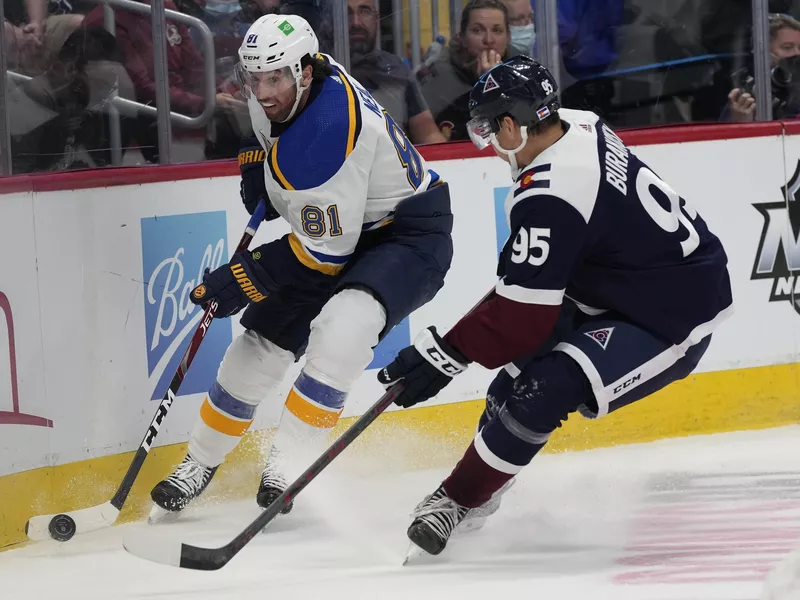 St. Louis Blues James Neal and Colorado Avalanche Andre Burakovsky skates