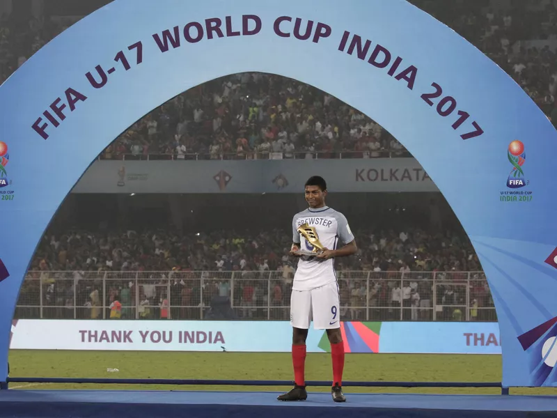 England's Rhian Brewster poses with FIFA World Cup Golden Boot