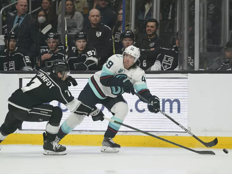 Seattle Kraken center Victor Rask passes puck