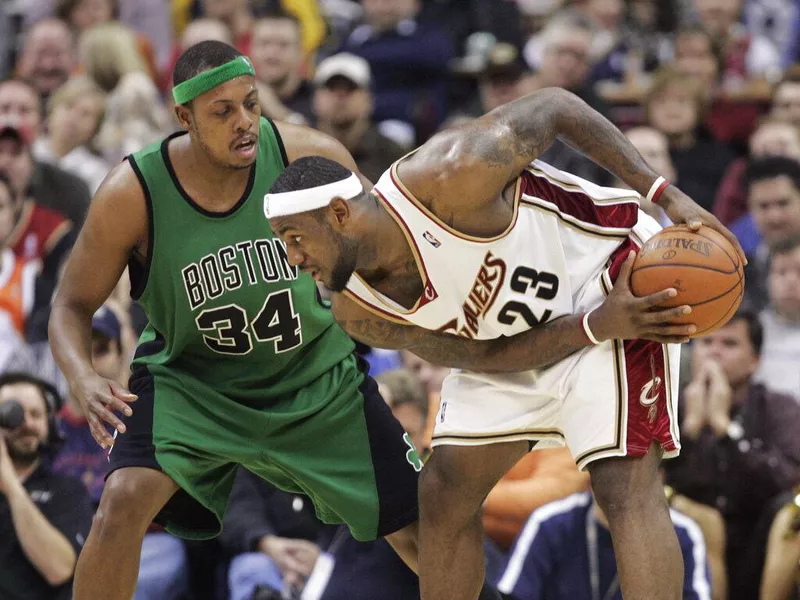 Paul Pierce guards LeBron James