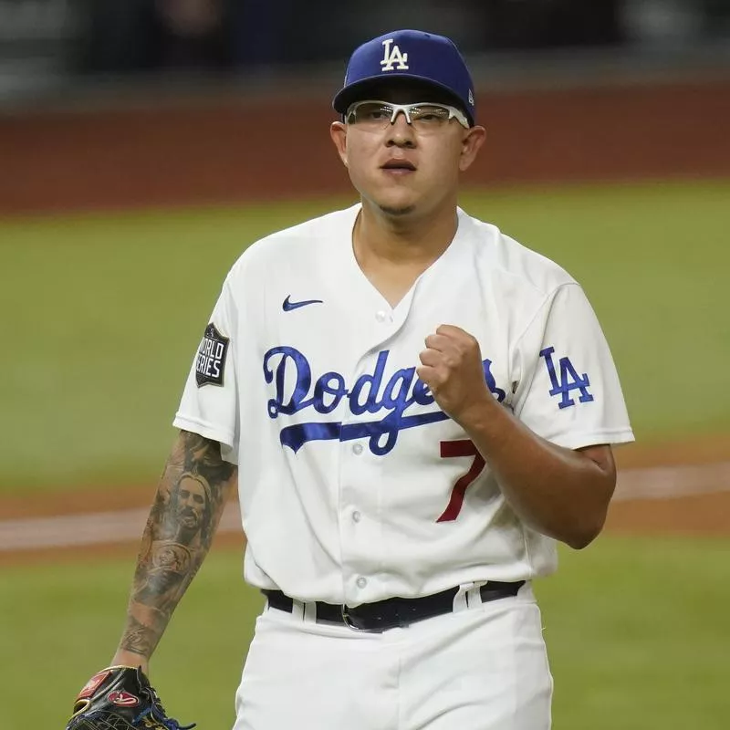 Los Angeles Dodgers pitcher Julio Urias celebrates