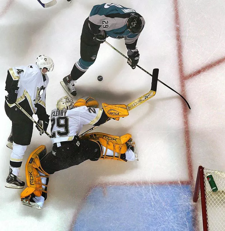 Marc-Andre Fleury blocks a shot against the San Jose Sharks