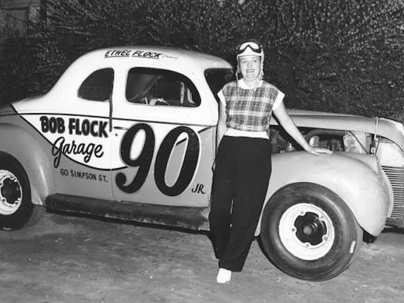 Ethel Mobley leaning on car