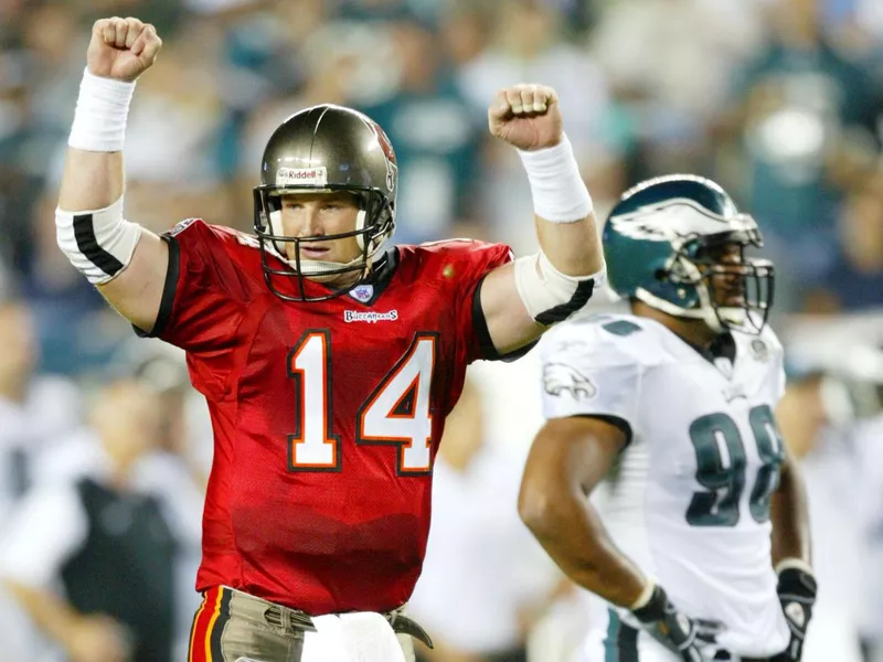 Tampa Bay Buccaneers' quarterback Brad Johnson reacts