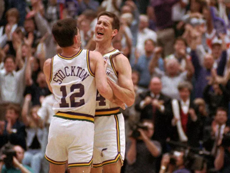 Jeff Hornacek and John Stockton celebrate