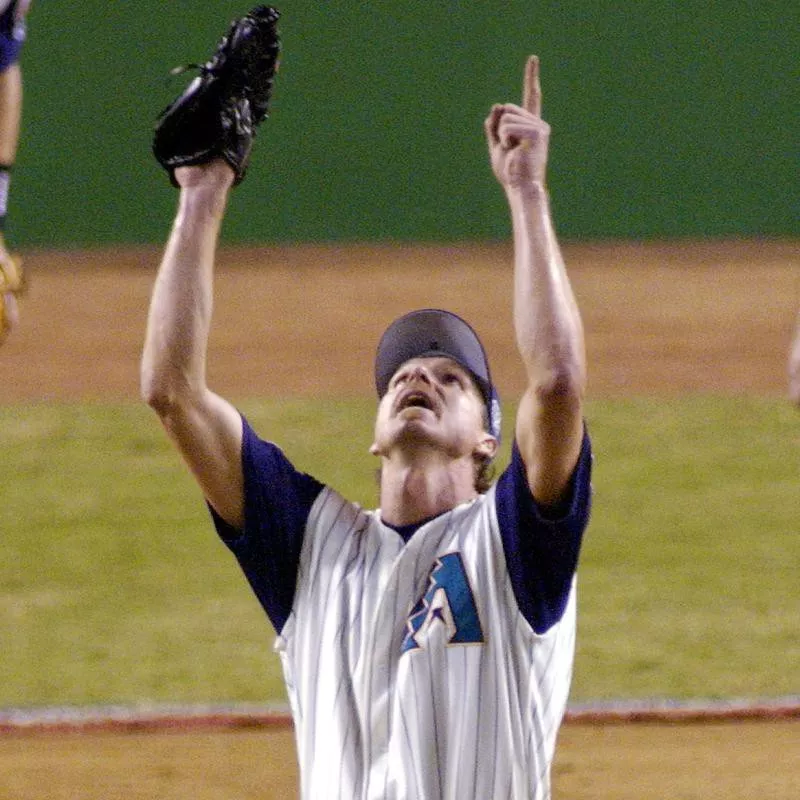 Randy Johnson looks skyward after final out