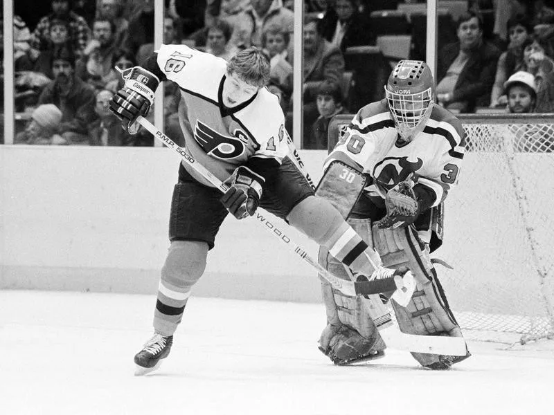 Philadelphia Flyers' Bobby Clarke scores