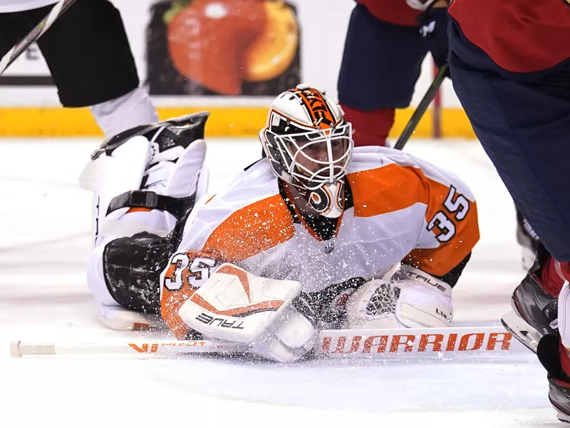 Philadelphia Flyers goaltender Martin Jones defends goal