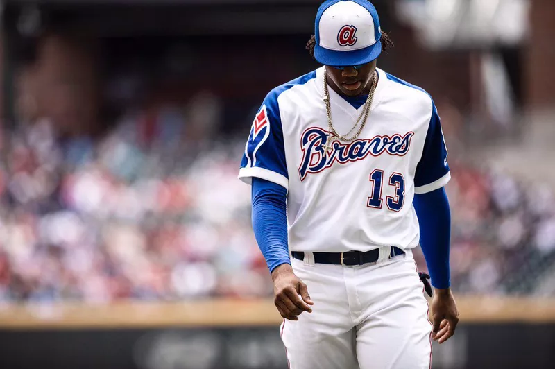 Ronald Acuna Jr. in 1974 Atlanta Braves throwback uniform