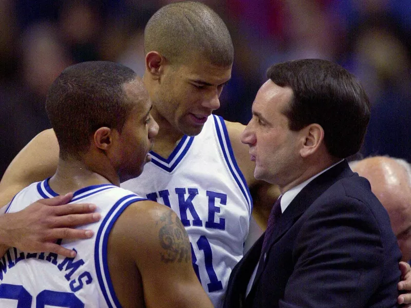 Mike Krzyzewski, Shane Battier and Jason Williams