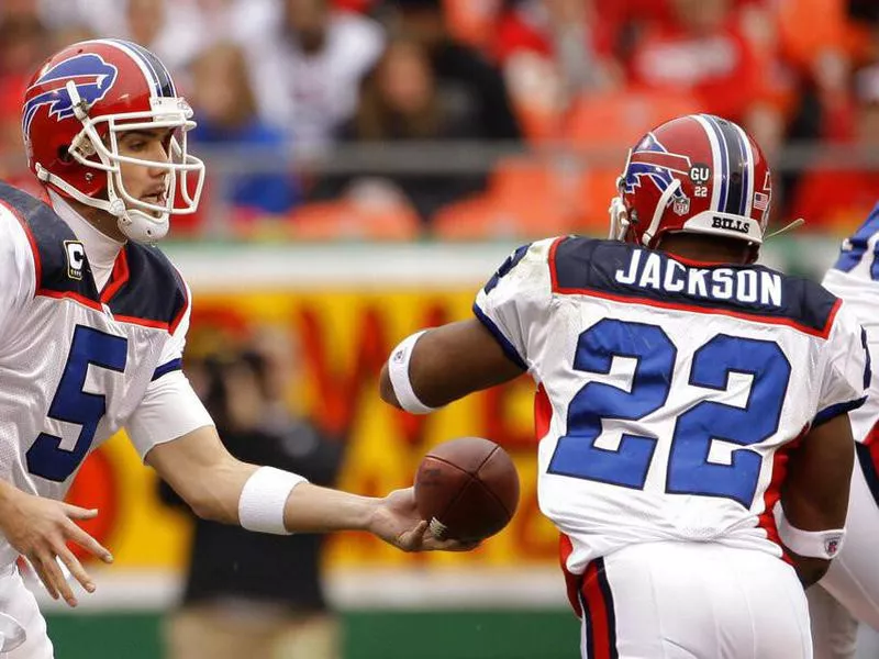 Buffalo Bills quarterback Trent Edwards hands the ball off to running back Fred Jackson