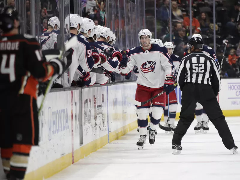 Columbus Blue Jackets' Pierre-Luc Dubois celebrates his goal