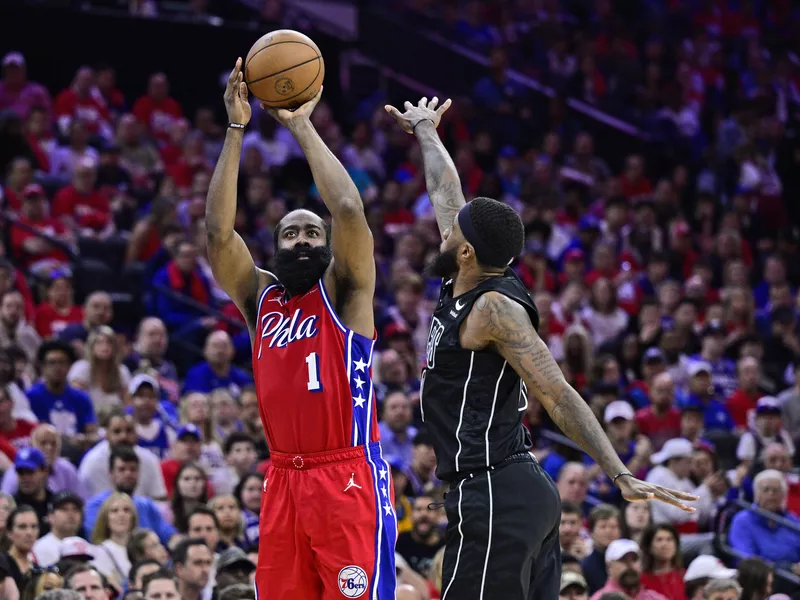 Philadelphia 76ers' James Harden shoots over Brooklyn Nets small forward Royce O'Neale