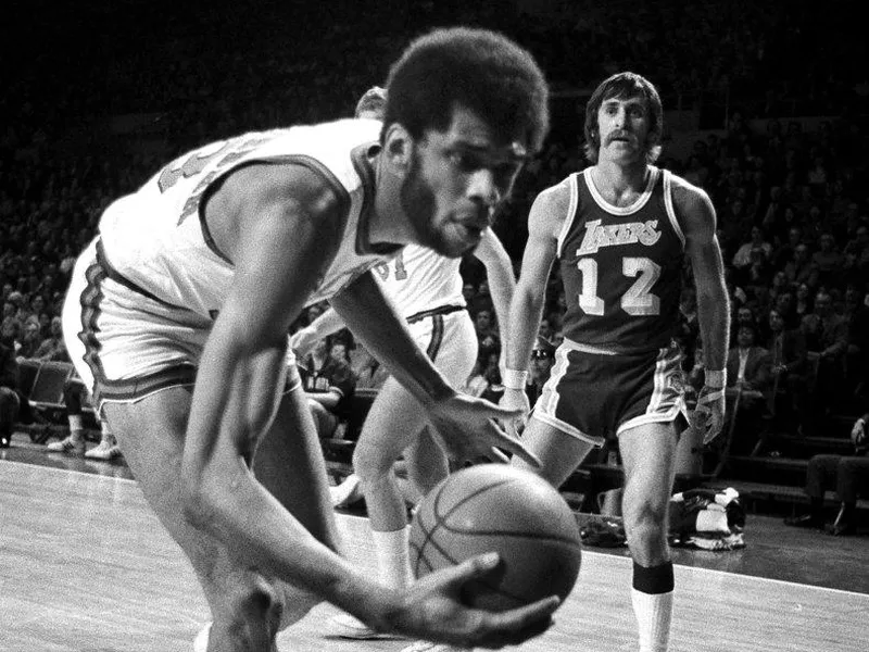 Kareem Abdul-Jabbar and Pat Riley on opposing teams