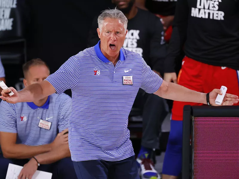 Philadelphia 76ers coach Brett Brown reacts