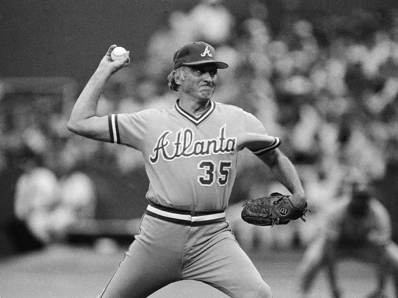 Atlanta Braves pitcher Phil Niekro hurls pitch