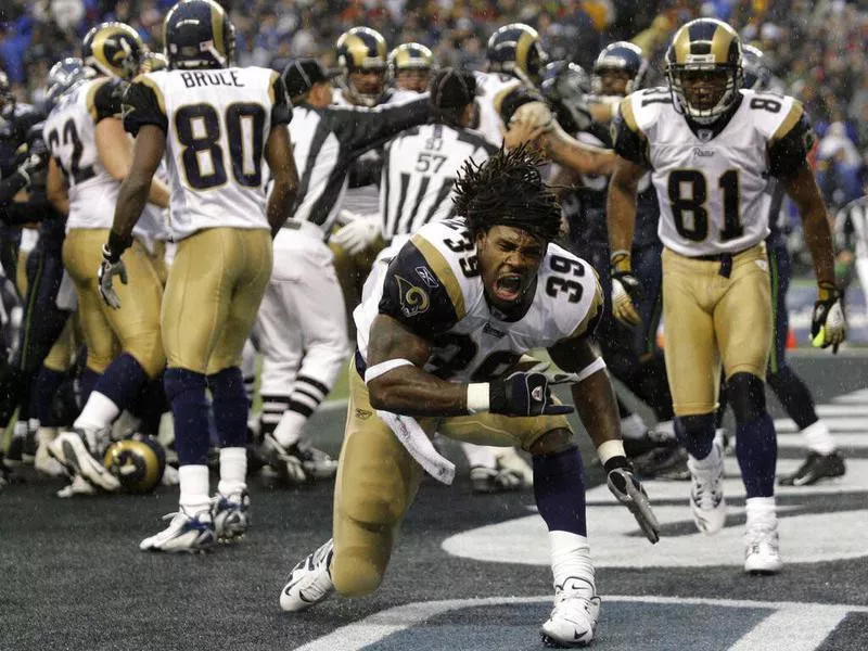 St. Louis Rams' Steven Jackson reacts after scoring against Seattle Seahawks