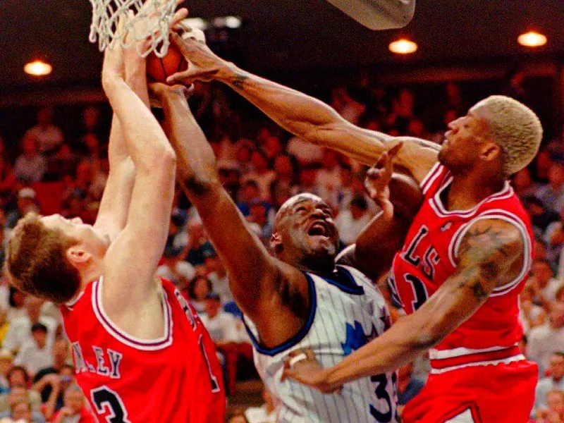 Luc Longley, Shaquille O'Neal and Dennis Rodman