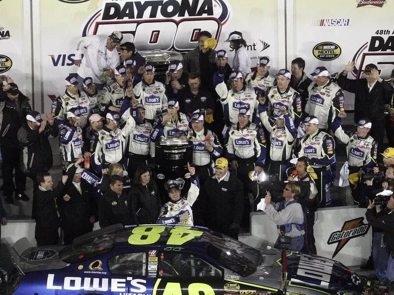 Jimmie Johnson celebrates winning 2006 Daytona 500