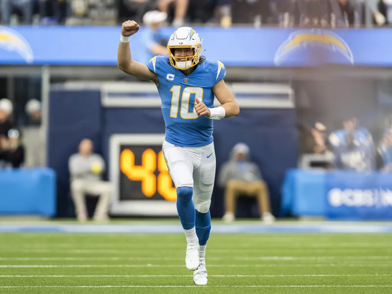 Los Angeles Chargers quarterback Justin Herbert celebrates