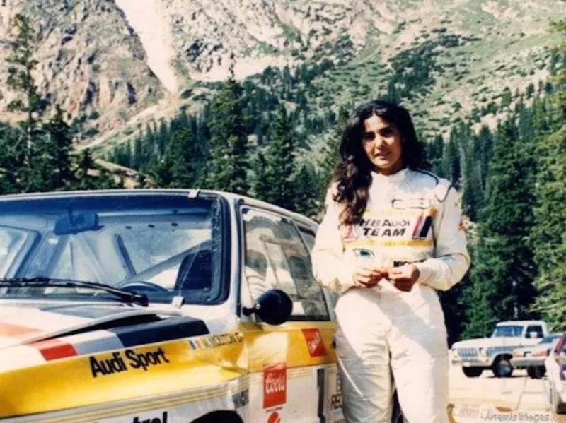 Michèle Mouton poses by car