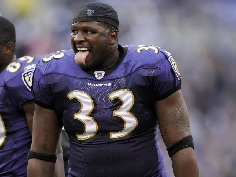 Baltimore Ravens fullback Le'Ron McClain reacts