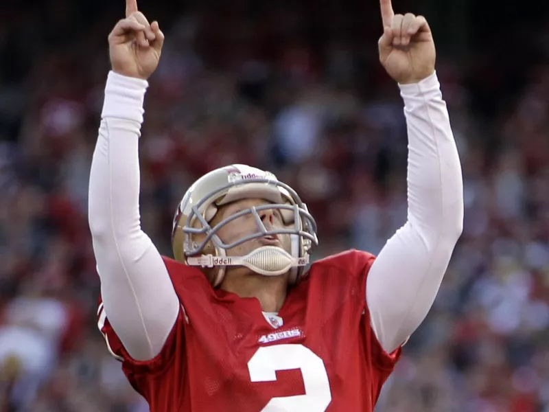 San Francisco 49ers place kicker David Akers reacts to play