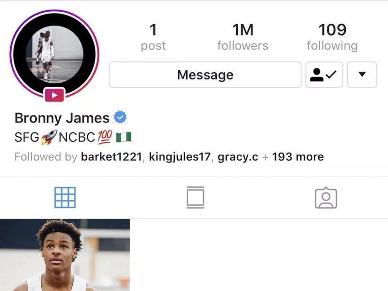 Bronny James Instagram account