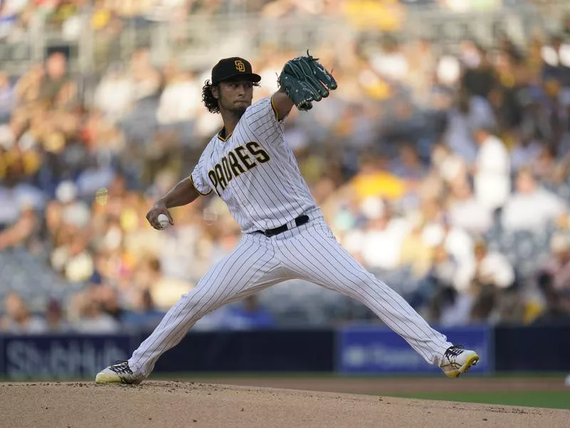 San Diego Padres starting pitcher Yu Darvish works against Los Angeles Dodgers batter