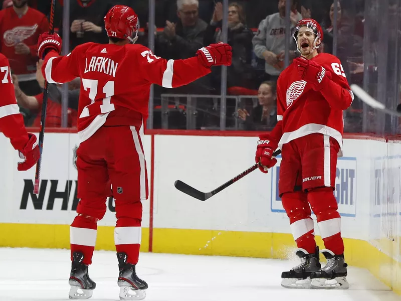 Detroit Red Wings defenseman Danny DeKeyser celebrates his goal with Dylan Larkin