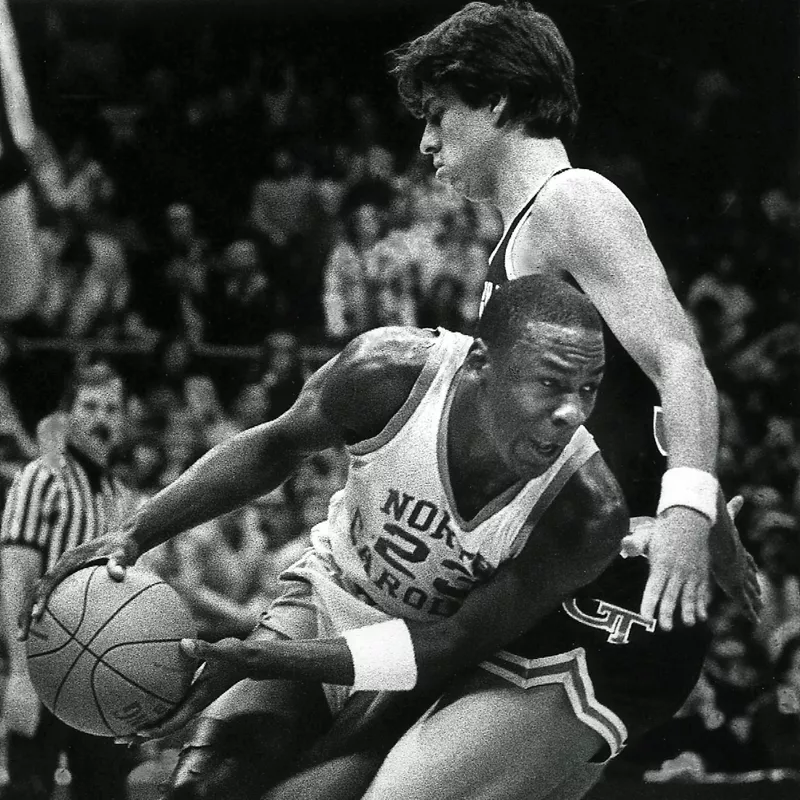 North Carolina's Michael Jordan drives against Georgia Tech's Jack Mansell