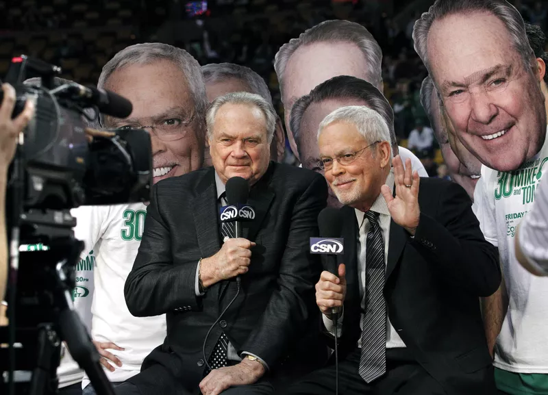 Mike Gorman and Tommy Heinsohn speak on camera