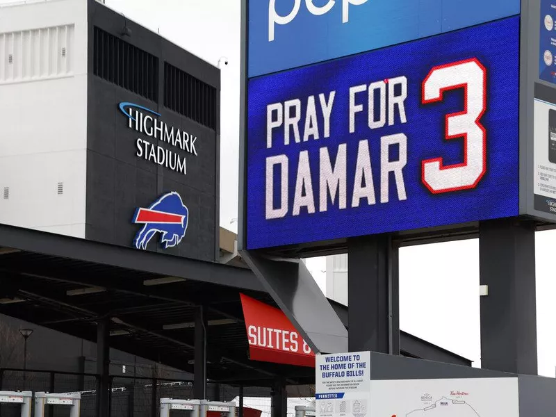 Sign outside Highmark Stadium in Buffalo