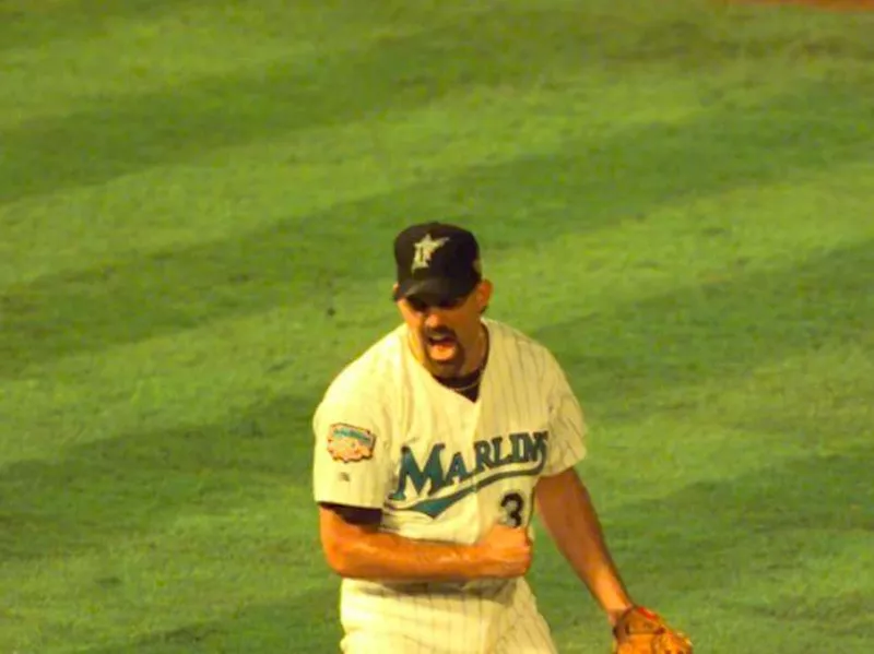 Florida Marlins pitcher Rob Nenn reacts