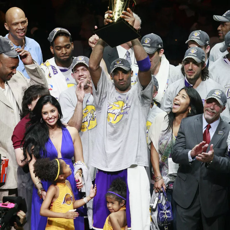 Los Angeles Lakers' Kobe Bryant celebrates after winning NBA basketball championship