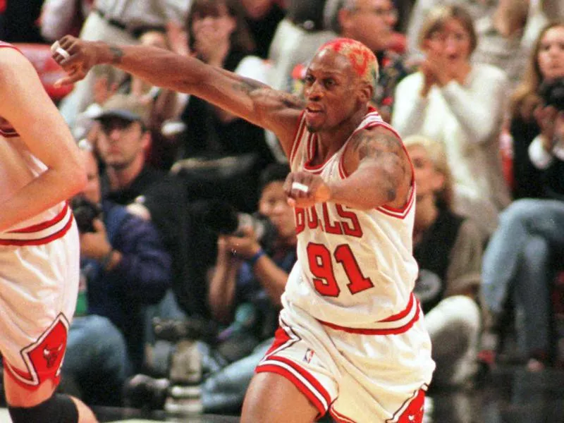 Chicago Bulls' Dennis Rodman reacts