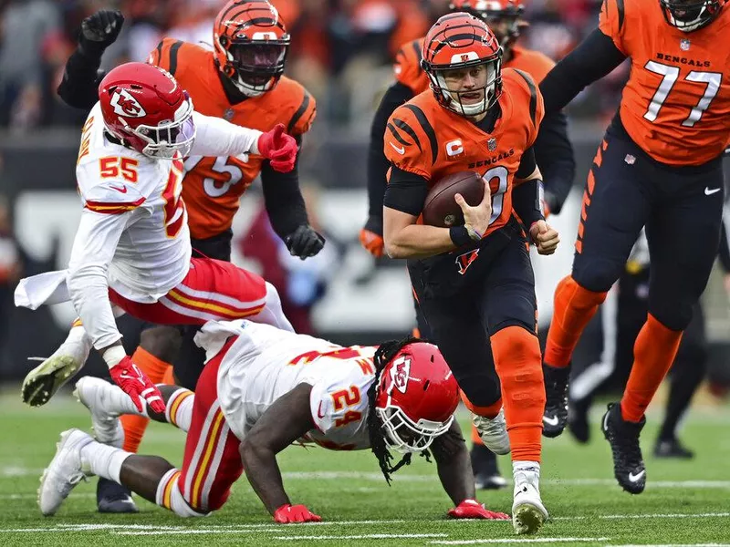 Cincinnati Bengals quarterback Joe Burrow runs against the Kansas City Chiefs