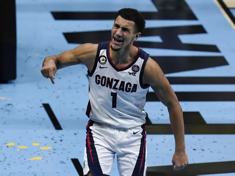 Gonzaga guard Jalen Suggs celebrates after making basket