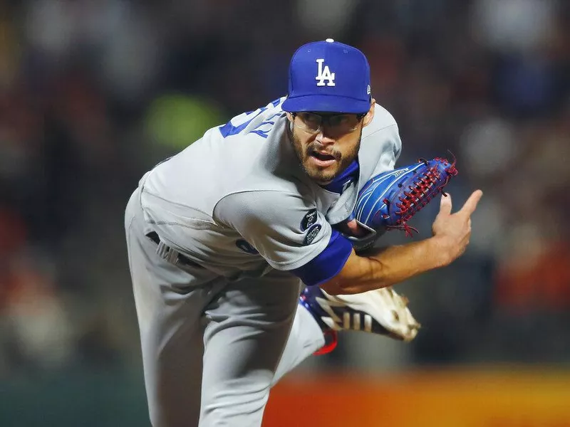 Joe Kelly pitching for Los Angeles Dodgers