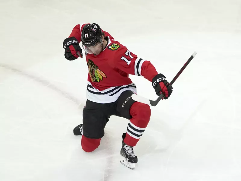 Chicago Blackhawks' Dylan Strome celebrates his goal