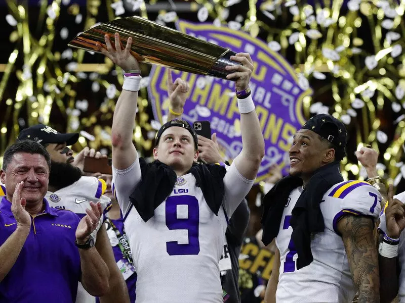 Ed Orgeron, Joe Burrow and Grant Delpit