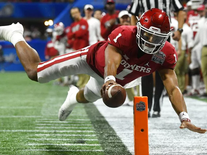 Oklahoma quarterback Jalen Hurts in 2019 Peach bowl