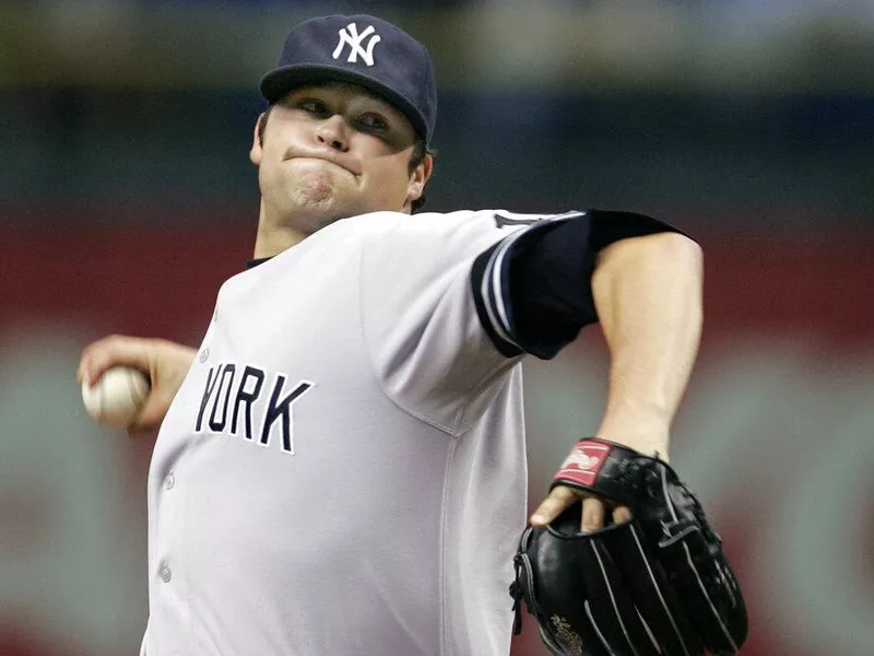 Joba Chamberlain pitching for New York Yankees