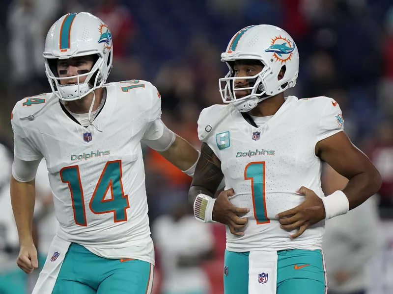 Miami Dolphins quarterbacks Mike White and Tua Tagovailoa